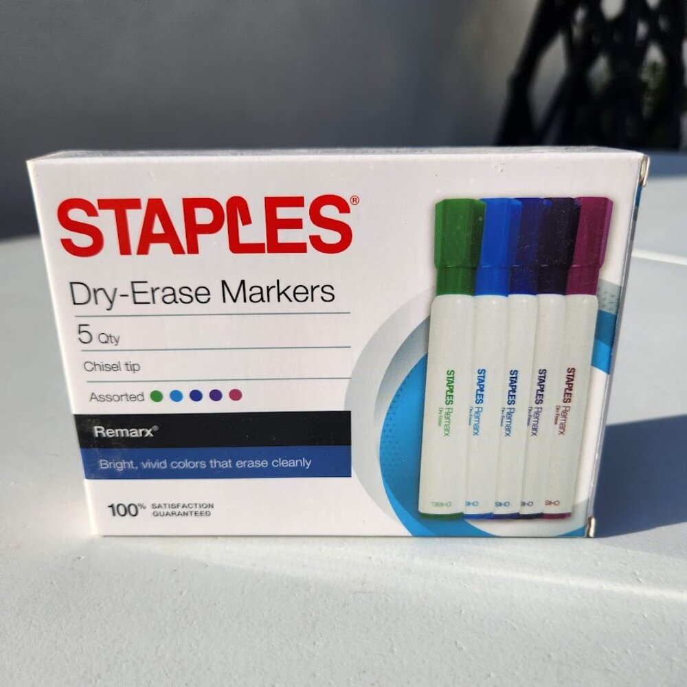 NEW Staples Dry Erase Markers 5 Quantity Chisel Tip Assorted Colors School Class